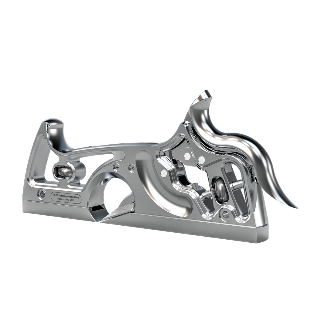 HP-10 Foxtail Convertible Plane, a precision hand tool for woodworking tasks, showcasing a metallic silver body with intricate design elements.