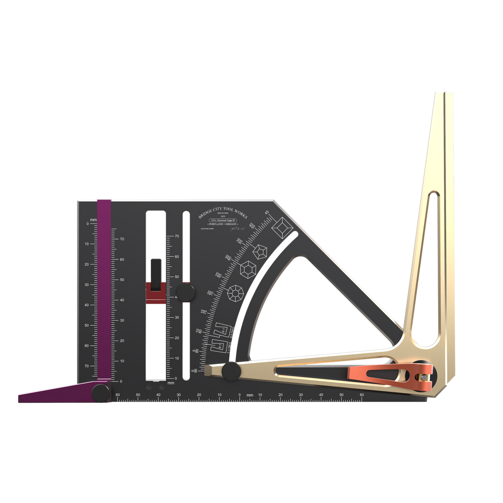A multi-functional Universal Gauge with a protractor, height gauge, and marking gauge, among other features, with a metallic finish and wooden elements.