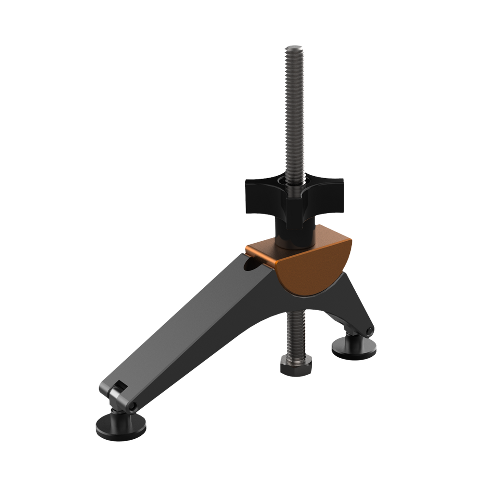 A digital rendering of a precision fence pivot clamp, predominantly gray with orange and black accents, designed for securing workpieces to a table saw.